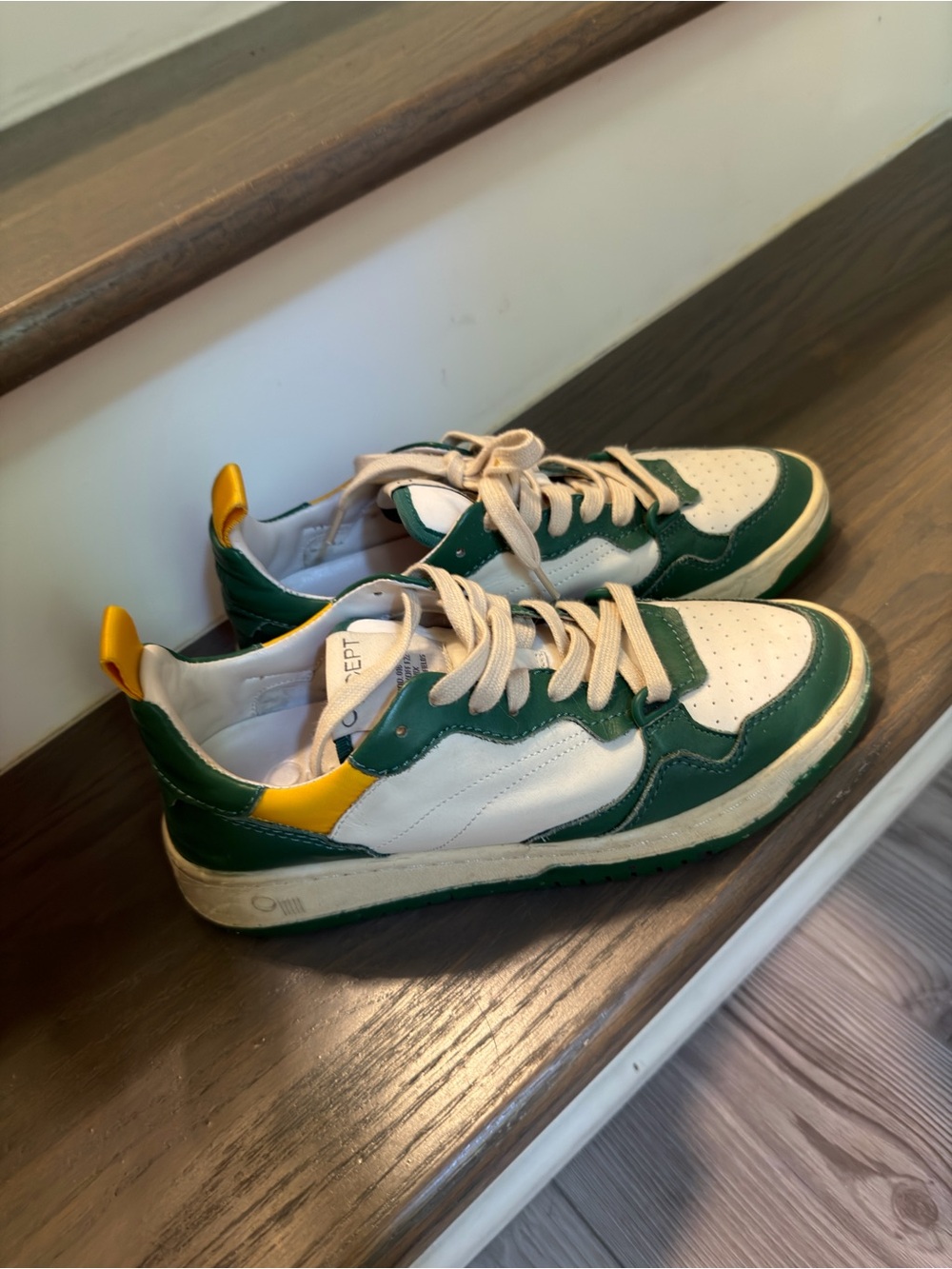 Casual Green & White leather Low-Top Sneakers with Yellow Heel Tab